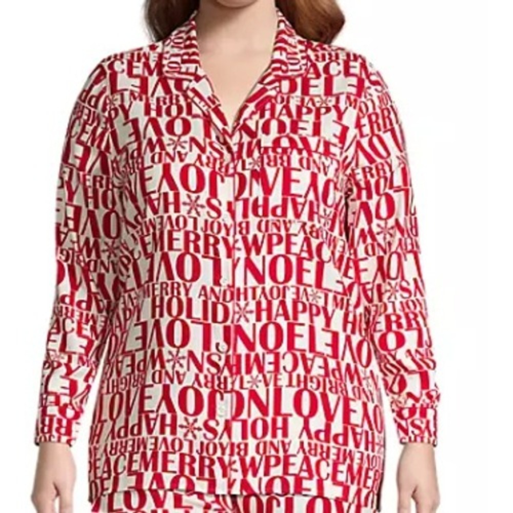 Lands End Christmas Pajama Top Women's 1X Flannel Ivory Greetings Holiday NEW